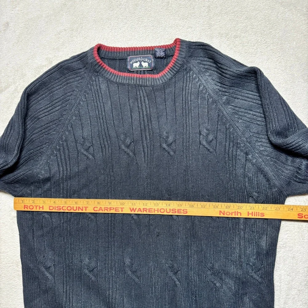 Vintage Woods & Gray Sweater Mens Large Cable Knit Navy Blue Burgundy Trim